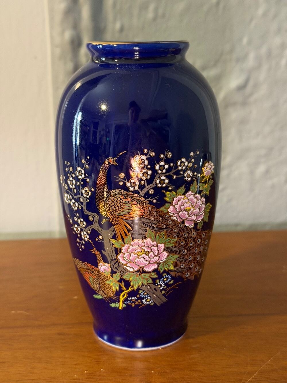 Traditional Vintage Kutani Cobalt Blue Enamel Floral Peacock Bird Wide Vase